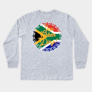 Jou Lekker Ding T-Shirt | Funny Bottle Cap South African Flag | Afrikaans Phrase | Ons Gaan Nou Braai Kids Long Sleeve T-Shirt